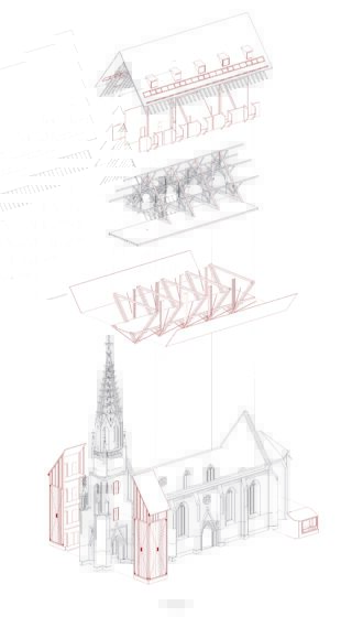 Explodierte axonometrische Zeichnung einer Kirche, die die Strukturschichten des Daches, der Dachstühle und architektonischen Details im Stil einer technischen Illustration zeigt.