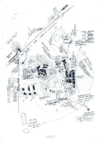 Handgezeichnete Karte mit kommentierten Gebäuden, Straßen, Sehenswürdigkeiten und Notizen, die den Grundriss und die Merkmale eines Stadtgebiets mit der Bezeichnung „Berger-Platz“ zeigt.