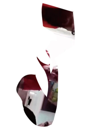 Abstrakter, unregelmäßig geformter Ausschnitt mit fragmentierten, teilweise sichtbaren Objekten und roten, weißen und dunklen Farbtönen auf einem schlichten weißen Hintergrund.