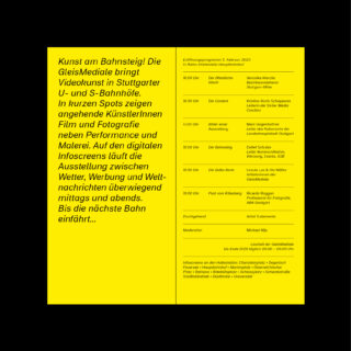 Gelber Veranstaltungsflyer mit deutschem Text auf schwarzem Hintergrund, der den Zeitplan und die Beschreibung eines Videokunstprogramms am Stuttgarter Bahnhof enthält.