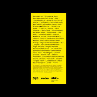 Gelbes Plakat mit schwarzem Hintergrund, auf dem in kleiner schwarzer Schrift eine Namensliste und unten die Logos von SSB, Ströer und abk zu sehen sind.