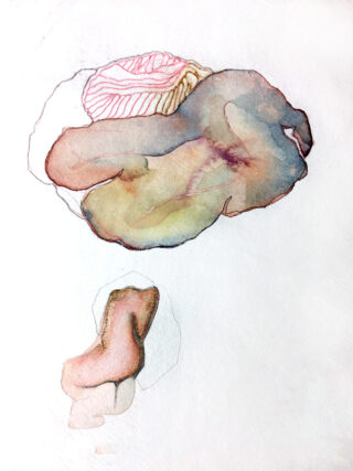 Abstrakte Aquarellillustration eines Gehirns mit gedämpften Farben und weichen Umrissen, mit einer zusätzlichen kleineren gehirnähnlichen Form unter dem Hauptbild.