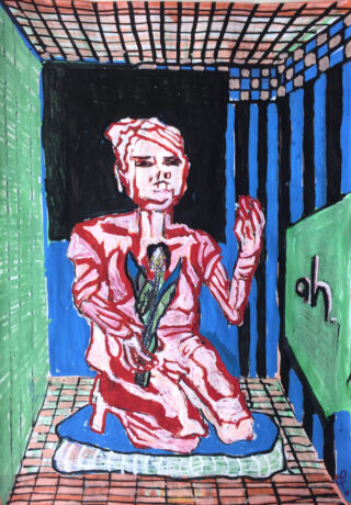 Abstrakte Zeichnung einer roten, teilweise abstrakten menschlichen Figur, die auf einer blauen Plattform in einem gitterförmigen, kastenförmigen Raum kniet und eine grüne Pflanze vor einem farbenfrohen, geometrischen Hintergrund hält.