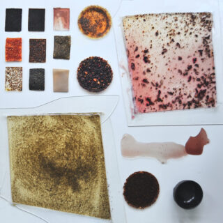 Eine Vielzahl strukturierter Proben, Pulver und Flüssigkeiten, angeordnet auf einer weißen Oberfläche, darunter Quadrate, Kreise und transparente Blätter mit verstreuten Partikeln.