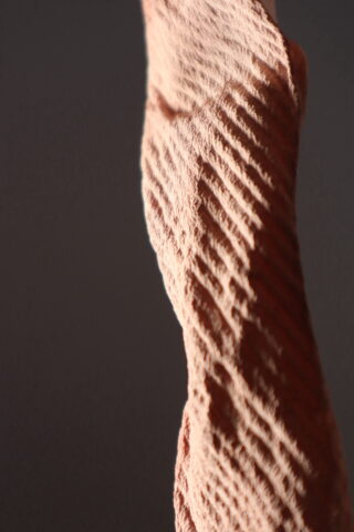 Nahaufnahme eines strukturierten, vertikalen, rotbraunen Objekts mit Rippen und Rillen vor einem schlichten, dunklen Hintergrund.