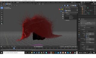 Ein 3D-Modellierungsarbeitsbereich in Blender zeigt ein rotes Haarpartikelsystem, das auf ein Netzobjekt auf einem Gitterhintergrund angewendet wird, wobei verschiedene Werkzeugfelder sichtbar sind.