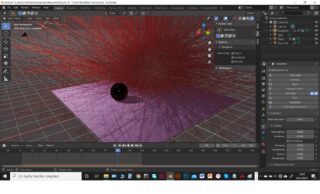 Blender-Schnittstelle, die eine 3D-Szene mit einer schwarzen Kugel auf einer violetten Ebene zeigt, aus der zahlreiche rote Haarpartikelstränge austreten.