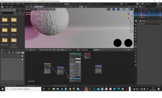 Ein Blender-Arbeitsbereich zeigt eine 3D-Kugel mit strukturierter Oberfläche und darunter einen Shader-Node-Editor, der ein Material-Node-Setup anzeigt. Die Benutzeroberfläche ist in Deutsch gehalten.