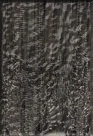 Ein sehr detailliertes, abstraktes Schwarzweißmuster mit überlappenden Wellenlinien und strukturierten, gitterartigen Verzerrungen im gesamten Bild.