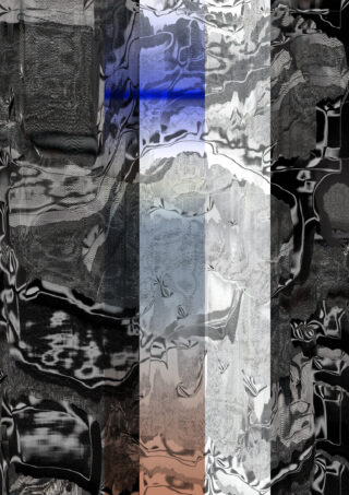 Abstraktes Bild mit welligen, verzerrten Texturen in Graustufen mit vertikalen Bändern in Schwarz, Blau, Weiß, Grau, Creme und Braun in der Mitte.