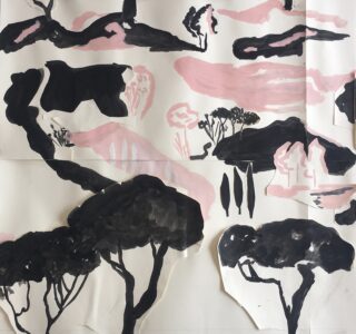 Schwarzes und rosa abstraktes Landschaftsgemälde mit stilisierten Bäumen, Hügeln und organischen Formen auf weißem Hintergrund.