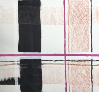 Abstraktes Kunstwerk mit sich kreuzenden vertikalen und horizontalen Linien in Schwarz, Rosa und Pfirsich auf weißem Hintergrund, die ein gitterartiges Muster erzeugen.