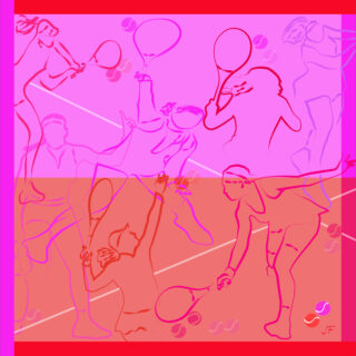 Abstrakte Illustration von Tennisspielern in Aktion, dargestellt mit einfacher Strichzeichnung in Rosa- und Rottönen, vor einem Hintergrund mit Tennisbällen und Spielfeldlinien.