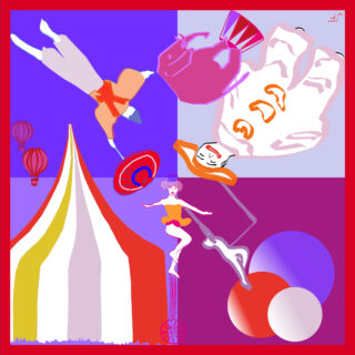 Farbenfrohe Grafik mit Zirkusmotiven.