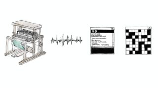 Eine Abbildung, die einen Webstuhl, eine Schallwelle, ein Computercodefenster und ein Kreuzworträtsel zeigt, die der Reihe nach von links nach rechts angeordnet sind.