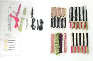 Links sind eine Skizze und Garnproben zu sehen, rechts sind vier gewebte Textilmuster in den Farben Pink, Grün, Schwarz und Weiß angeordnet.