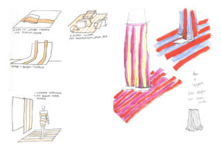 Skizzen und Farbzeichnungen von gestreiften Teppichen, darunter eine Person, die auf einem Teppich steht, mit Anmerkungen und Einzelheiten zu Teppichmuster und -struktur.