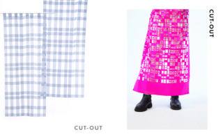 Es werden zwei Stoffmuster gezeigt: ein blau-weiß kariertes Muster, ein rosa Rock mit geometrischen Cut-outs und schwarzen Stiefeln. In der Nähe erscheint das Wort „CUT-OUT“.