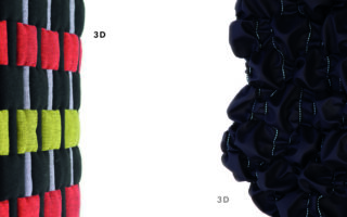 Zwei Beispiele für dreidimensionale Textilstrukturen: Die linke Seite zeigt bunte, rechteckige Webformen, die rechte Seite zeigt schwarzen Stoff mit einer gerafften, gerüschten Textur.