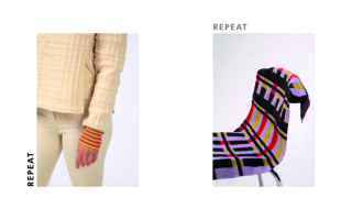 Links: Person trägt ein beiges strukturiertes Oberteil mit bunt gestreiften Bündchen. Rechts: Schwarzer Stuhl, bedeckt mit einem bunten, geometrisch gemusterten Stoff. Das Wort „REPEAT“ erscheint auf beiden Bildern.