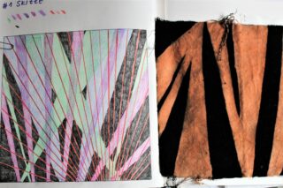 Links ist eine Buntstiftskizze mit sich kreuzenden Linien zu sehen, rechts ein braun-schwarz gestreiftes Stoffmuster.