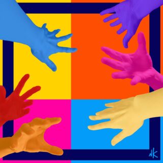 Sechs bunte Hände strecken sich zur Mitte hin über einem Hintergrund aus kräftigen, geometrischen Blöcken in Gelb, Orange, Blau und Rot. Die Initialen des Künstlers „NK“ erscheinen in der unteren rechten Ecke.