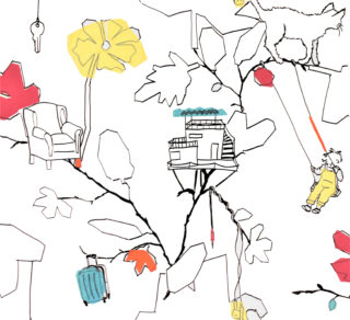 Strichzeichnung eines Baums mit einem Baumhaus, einer Ziege, einem Kind auf einer Schaukel, einem Sessel, einem Koffer, einem Schlüssel, Blattformen und abstrakten Objekten, akzentuiert mit gelben, roten und blauen Highlights.