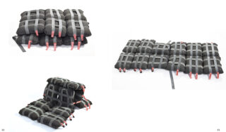 Drei Ansichten eines modularen Kissensystems mit mehreren dunkel gepolsterten Segmenten, die durch graue Bänder mit roten Clips verbunden und flach angeordnet und in verschiedenen Konfigurationen gestapelt sind.