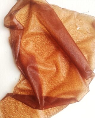 Ein dünnes, durchscheinendes braunes Blatt mit faltiger Textur ist auf einer weißen Oberfläche ausgebreitet.