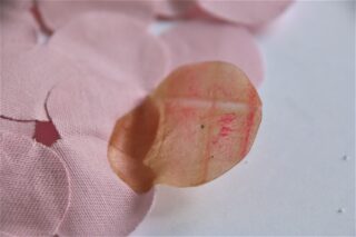 Ein getrocknetes, durchscheinendes Blütenblatt liegt auf hellrosa Stoffblütenblättern, die auf einer weißen Oberfläche angeordnet sind.