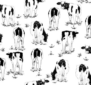 Schwarzweiß-Illustration mehrerer Kühe, die in einem sich wiederholenden Muster grasen, meist von hinten gesehen, mit verstreuten kleinen Pflanzen in der Umgebung.