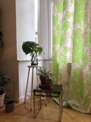 Eine Ecke mit Topfpflanzen auf Hockern neben einem Fenster mit grün gemusterten Vorhängen und Holzboden.