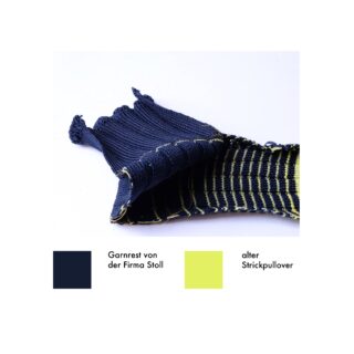 Eine Nahaufnahme eines Strickstoffstücks in Dunkelblau und Gelb mit ausgefransten Rändern, begleitet von Farbmustern und deutschem Text, der die Garnquellen kennzeichnet.