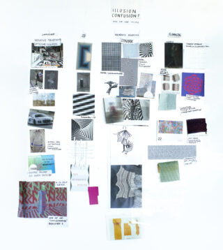 Auf einem Whiteboard wird eine Collage aus Fotos, Stoffmustern und Notizen angezeigt, die optische Illusionen, Muster und Dynamiken erforschen und in thematische Abschnitte mit handschriftlichen Beschriftungen unterteilt sind.