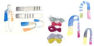Skizzen und farbige Garnproben zeigen den Designprozess eines gestreiften Schals mit Farbkombinationen aus Blau, Orange, Rosa, Gelb und Grau.