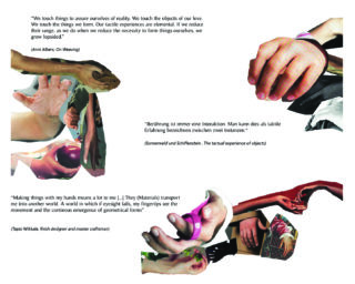 Collage von Händen, die mit verschiedenen Objekten interagieren, begleitet von Zitaten über taktile Erfahrungen und die Bedeutung der Berührung in der menschlichen Wahrnehmung, Kunst und im Design.