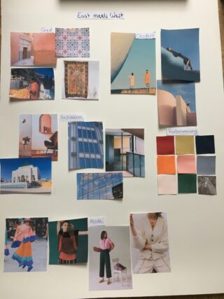 Ein Moodboard mit dem Titel „Ost trifft West“ mit Collagenabschnitten zu Architektur, Mode, Farbschemata und allgemeiner Inspiration mit auf weißem Papier angeordneten Fotos und Farbmustern.