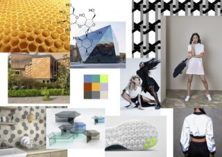 Eine Collage mit Waben, chemischer Struktur, geometrischer Architektur, Farbmustern, sechseckigen Kacheln, modernen Tischen, Sportschuhen, Tänzern und Models mit geometrischen Designs.
