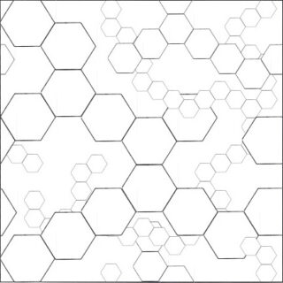 Auf einem weißen Hintergrund ist ein Muster aus schwarz umrandeten Sechsecken unterschiedlicher Größe angeordnet, die ein abstraktes geometrisches Design bilden.
