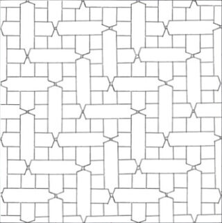 Schwarz-weißes geometrisches Muster mit ineinandergreifenden rechteckigen und pfeilförmigen Elementen, die in einem Raster angeordnet sind.