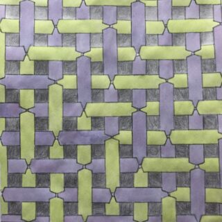 Ein geometrisches Muster mit ineinander verwobenen grünen und violetten Bändern, die ein Korbgeflechtmuster mit grau schattierten Quadraten an den Kreuzungspunkten bilden.