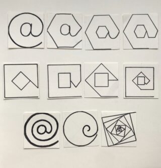 Zwölf Quadrate, jedes mit einem einzigartigen schwarzen Liniendesign, einschließlich Spiralen, geometrischen Formen und Variationen des „@“-Symbols, angeordnet in drei Reihen auf weißem Hintergrund.