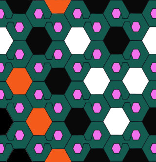 Ein geometrisches Muster aus Sechsecken und Fünfecken in Grün, Schwarz, Weiß, Orange und Pink, angeordnet in einem sich wiederholenden, ineinandergreifenden Design.