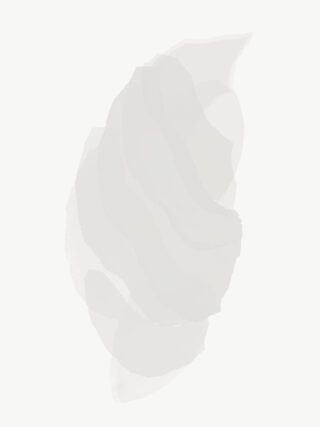 Eine weiche, abstrakte, durchscheinende graue Form mit geschichteten, gewellten Kanten auf hellem Hintergrund.