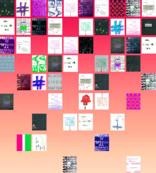 Ein Raster aus verschiedenen digitalen Kunstwerken und Postern mit Text, Hashtags, abstrakten Designs und Botschaften zu Meinungsfreiheit und sozialer Gerechtigkeit vor einem Hintergrund mit Farbverlauf von Rosa nach Orange.