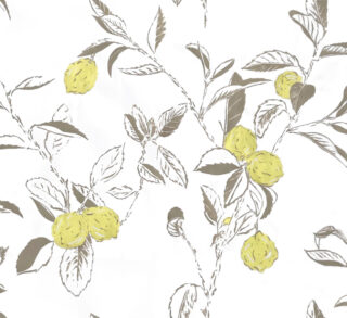 Schwarz-weiße Skizze von belaubten Zweigen mit Trauben gelber Früchte, die über das gesamte Design verstreut sind.