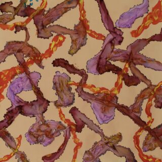 Abstraktes Kunstwerk mit wirbelnden kastanienbraunen, violetten und orangefarbenen Pinselstrichen auf hellbraunem Hintergrund, die eine dynamische, vielschichtige Komposition erzeugen.