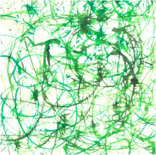 Abstraktes Kunstwerk mit überlappenden grünen Pinselstrichen und Linien auf weißem Hintergrund, die ein chaotisches und dynamisches Muster erzeugen.