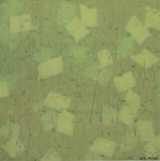 Abstraktes Bild mit grünem Hintergrund, verstreuten geometrischen Formen in hellem Grün und Gelb und überall sichtbaren Kratzspuren.