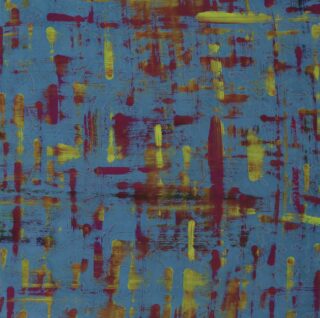 Abstraktes Gemälde mit blauem Hintergrund und verstreuten Pinselstrichen in Gelb und Kastanienbraun, die ein strukturiertes, vielschichtiges Erscheinungsbild erzeugen.